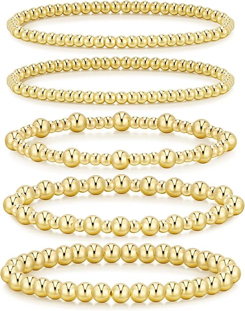 adoyi Gold Bracelets for Women Waterproof, 14K Gold Plated Beaded Strand Bead Ball Bracelets stac... | Amazon (US)