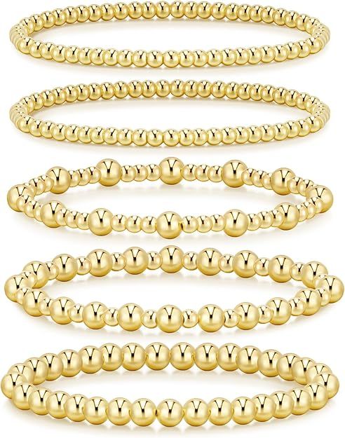 adoyi Gold Bracelets for Women, 14K Gold Plated Beaded Bracelets Gold Stretch Bead Ball Bracelet ... | Amazon (US)