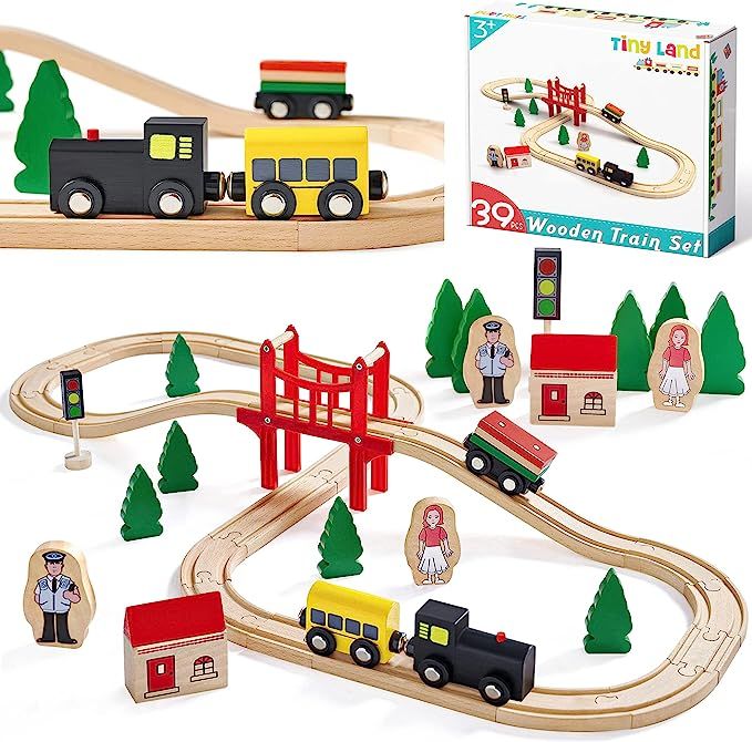 Tiny Land Wooden Train Set for Toddler - 39 Piece- with Wooden Tracks Fits Thomas, Brio, Chugging... | Amazon (US)