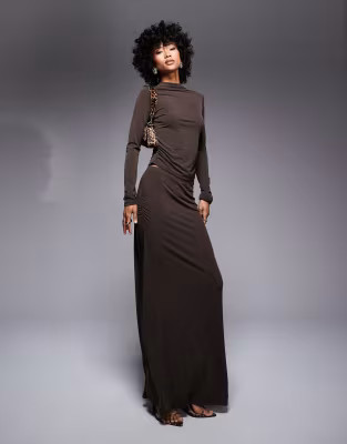 ASOS DESIGN co-ord slinky ruched mock neck long sleeve top in brown | ASOS (Global)