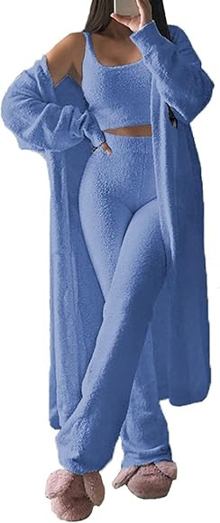 TOLENY Women's Fuzzy 3 Piece Lounge Sets Sweatsuits Open Front Cardigan Crop Tank Tops Wide Legs ... | Amazon (US)