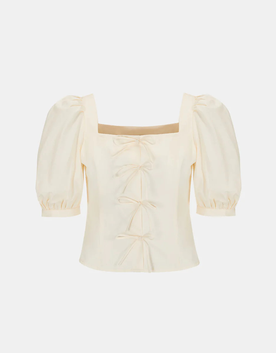 Tie Front Puff Sleeve Square Neck Blouse | Urban Revivo