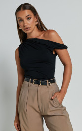 Jialeen Top - Off Shoulder Twist Asymmetrical Sleeve Top in Black | Showpo (US, UK & Europe)