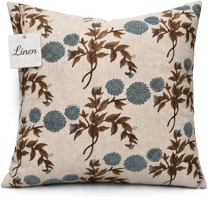 Linen Blue Throw Pillow Covers 18x18 inch Floral Pillows Spring Decorative Pillow Covers for Livi... | Amazon (US)
