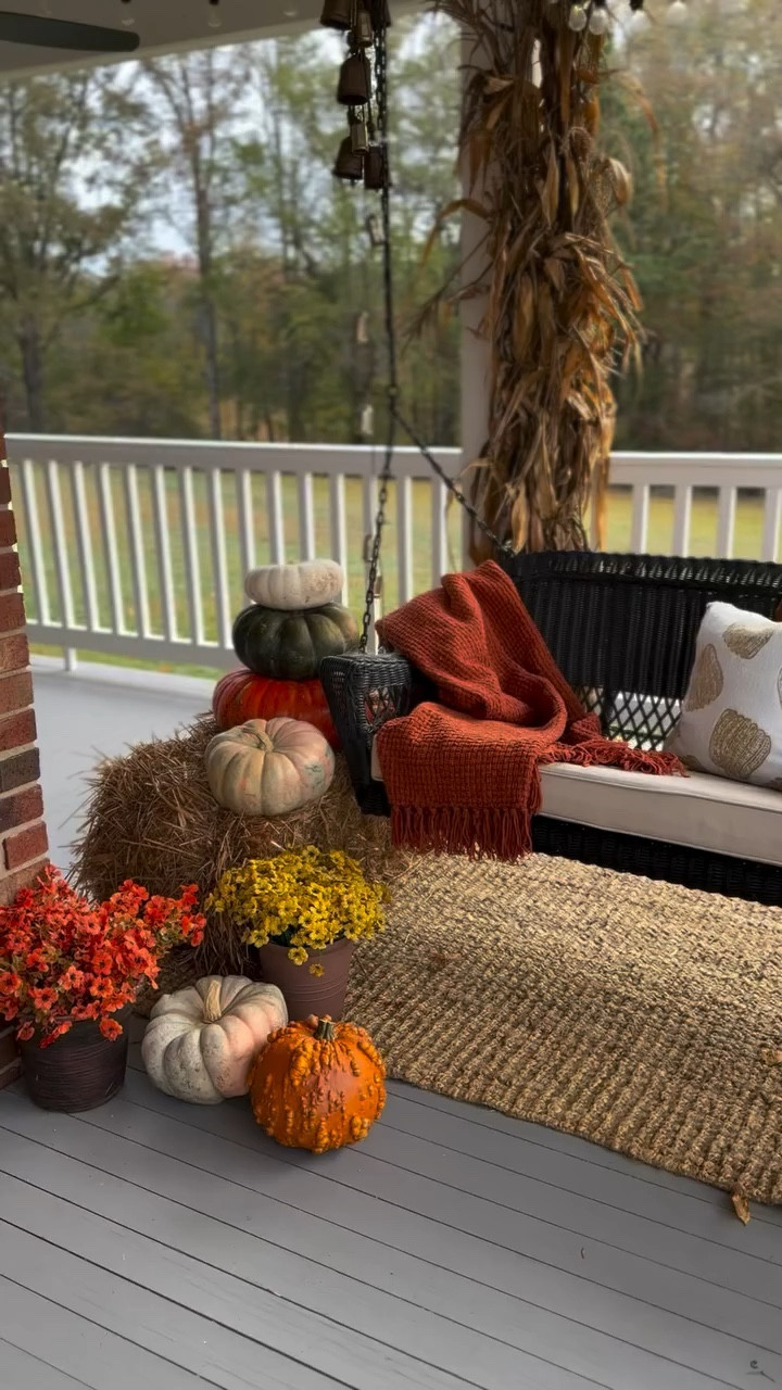 2024 Fall Porch is giving classic & timeless. Especially those faux mums. Those are timeless. Actually. 🍂 

#farmhouse #porch #frontporch #exteriordesign #exterior