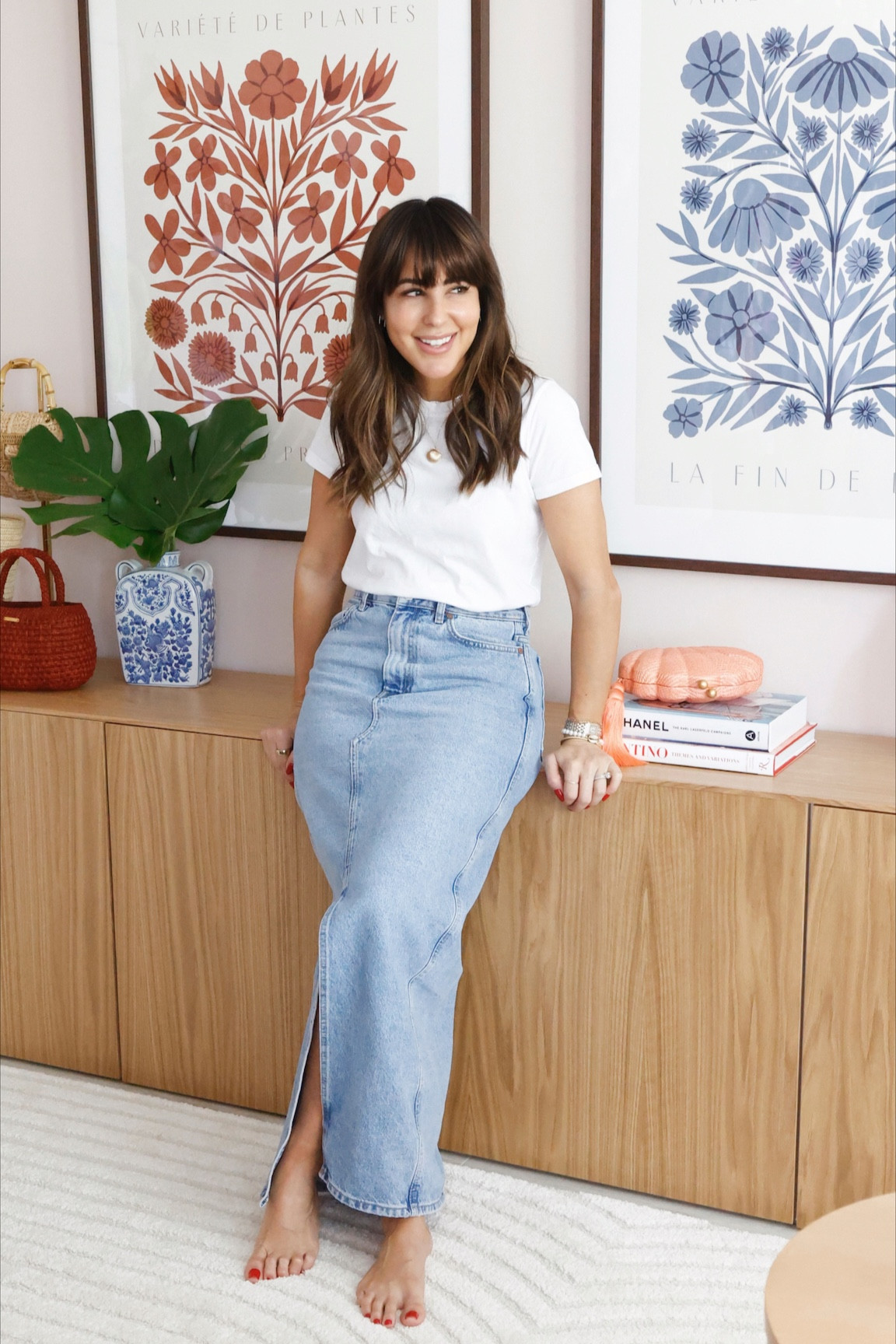 White T-shirt, denim slit skirt, taudrey jewelry 

#LTKunder100 #LTKhome