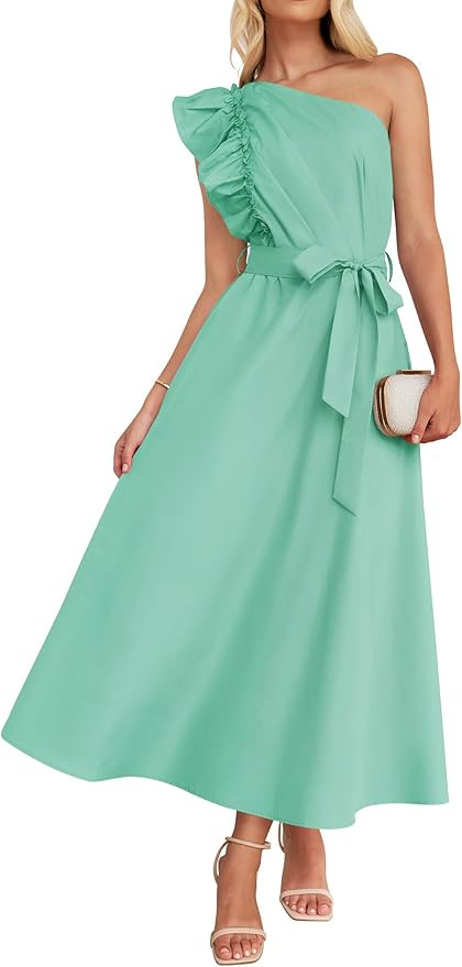 ZESICA Women's 2025 Summer One Shoulder Ruffle Dress Sleeveless Empire Waist Boho Flowy Maxi Dres... | Amazon (US)