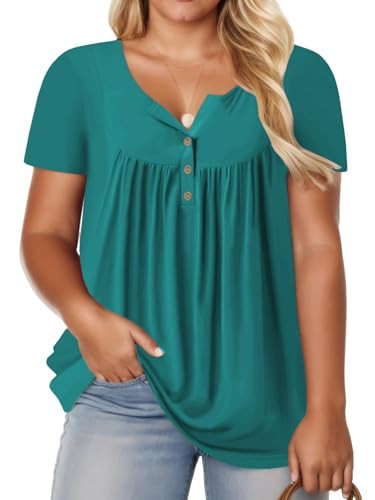 Plus Size Tops for Women XL Trendy Buttons Up Tees Swing Shirts Turquoise 14W | Amazon (US)