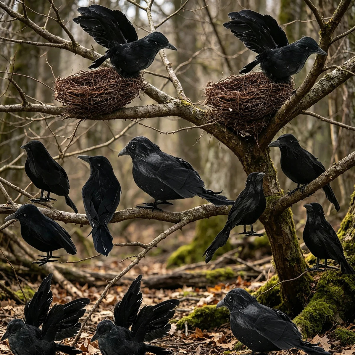 12 Pcs Set Halloween Black Crow with 2Pcs Bird's Nest Feathers Crow Halloween Ornaments Crow Real... | Wayfair North America