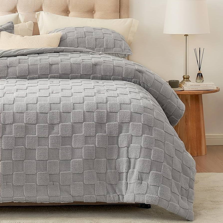 Cozy Bliss Fluffy Queen Size Comforter Set Grey, Farmhouse Jacquard Checkered Sherpa Bed Set, Ult... | Amazon (US)