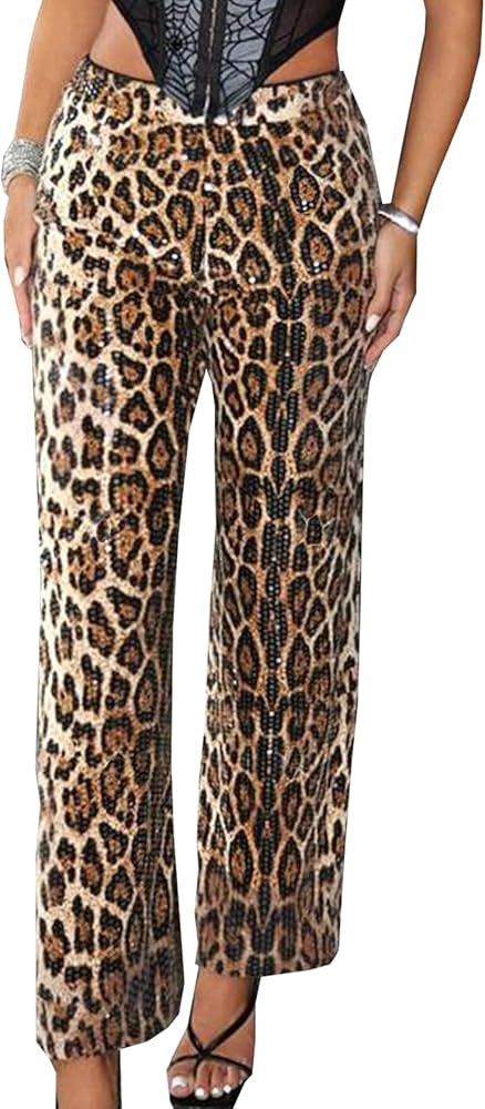 Women Long Straight Pants Casual Elastic Waist Sequins Cute Women's Trouser Comfy Bottoms | Amazon (US)