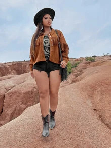 Plus Western Fringe Trim Drop Shoulder Suede Jacket
   SKU: sf2206142527172672   New     US$30.00... | SHEIN