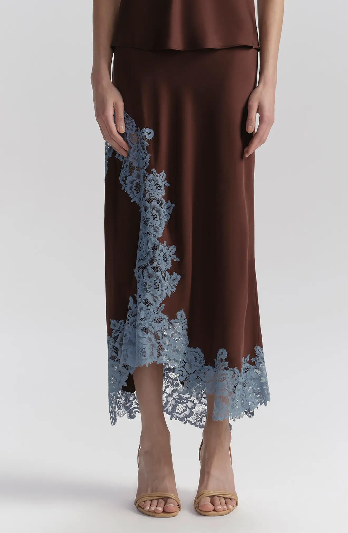 A.L.C. Olivia Lace Trim Asymmetric Satin Maxi Skirt in Ganache/French Blue at Nordstrom, Size X-Large | Nordstrom
