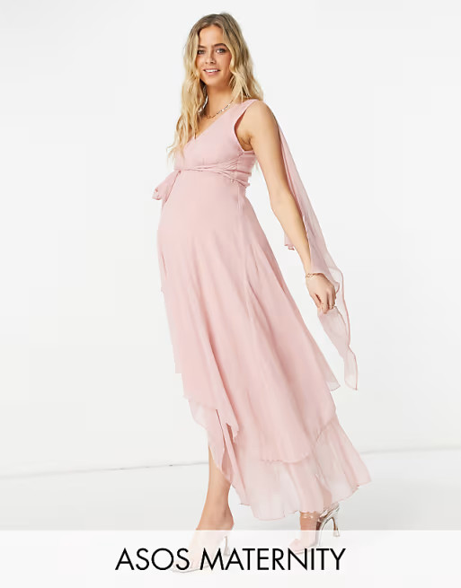 ASOS DESIGN Maternity soft layered maxi dress with tie waist detail in soft pink | ASOS (Global)