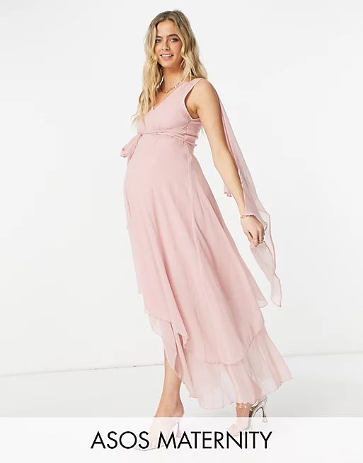 ASOS DESIGN Maternity soft layered maxi dress with tie waist detail in soft pink | ASOS (Global)
