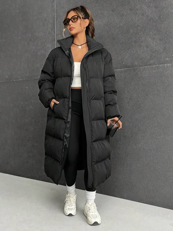 SHEIN EZwear Slant Pockets Drop Shoulder Puffer Winter Coat | SHEIN