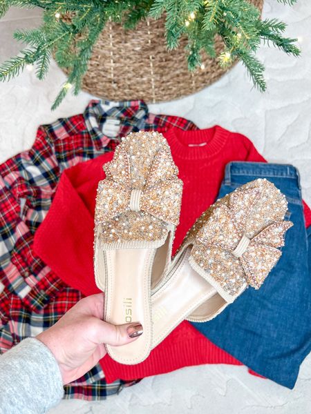 Rhinestone bow mules - tts with a flexible heel which is comfortable. 
Also linking my outfit (sweater, jeans & similar flannel ), tree, & tree collar. 

#LTKshoecrush #LTKfindsunder50 #LTKHoliday