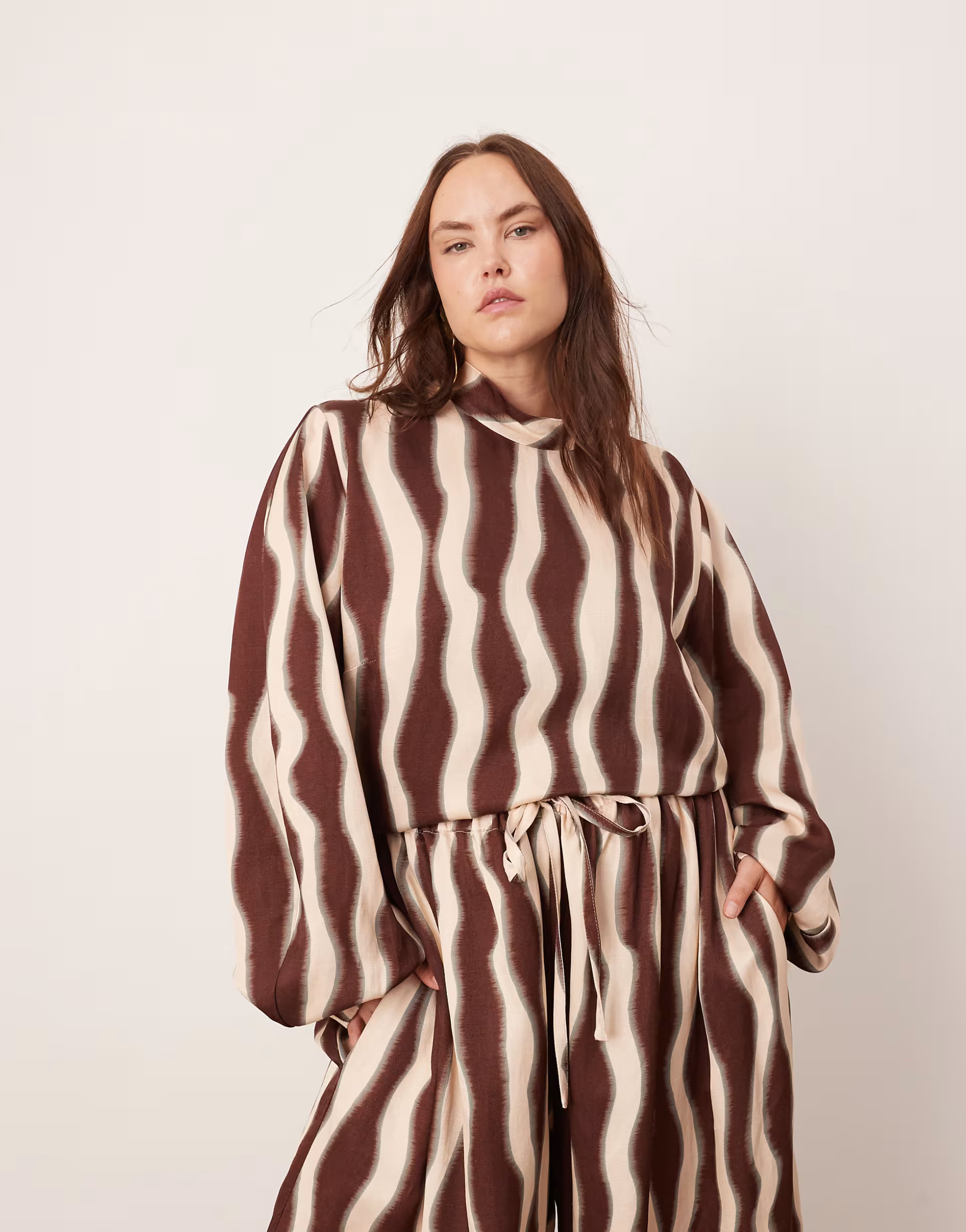 ASOS EDITION Curve high neck oversized top in chocolate wavy print - part of a set | ASOS (Global)