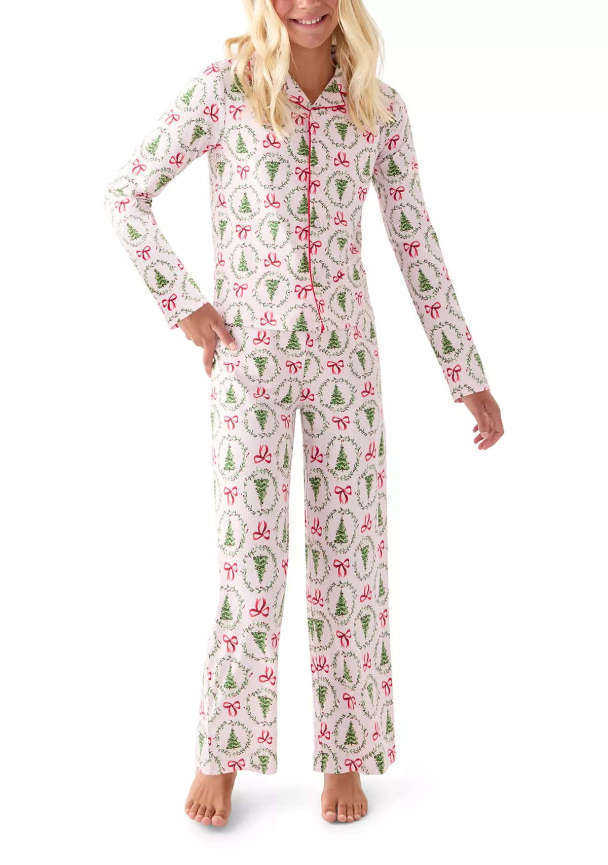 Unisex Big Kid Holiday Bows & Wreaths Notch Collar Pajama Set | Belk