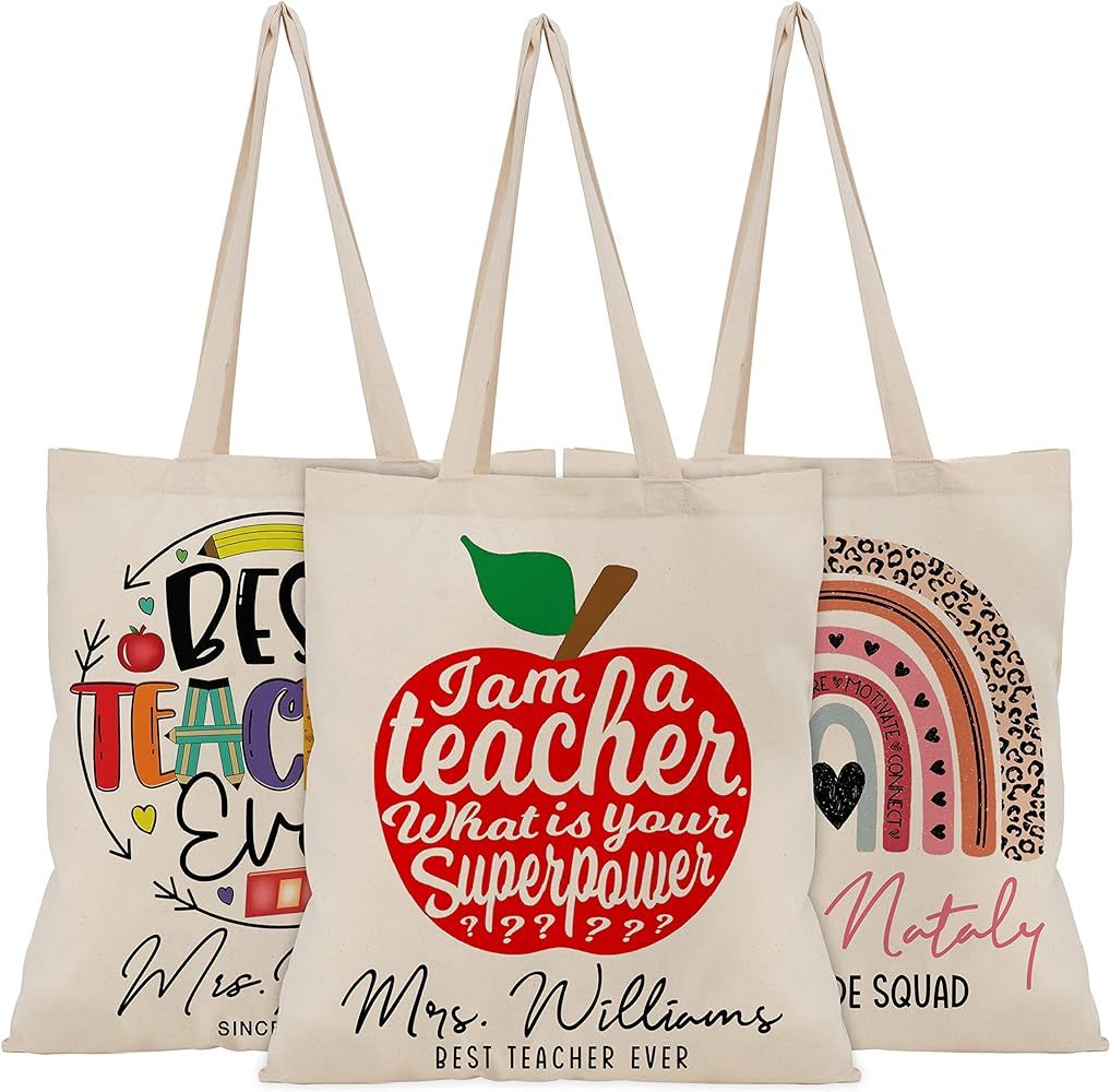 Personalized Teacher's Appreciaton Camvas Tote Bags w/Name & Text - 9 Design Custom Teachers Day ... | Amazon (US)