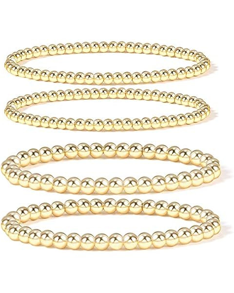 Gold Bead Bracelet for Women,14K Gold Plated Bead Ball Bracelet Stretchable Elastic Bracelet | Amazon (US)