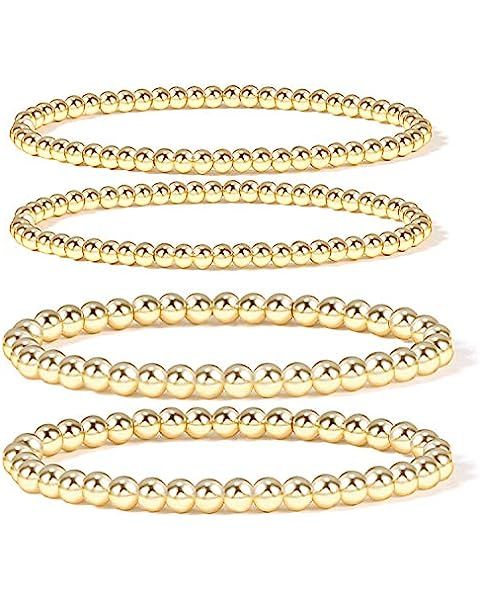 Gold Bead Bracelet for Women,14K Gold Plated Bead Ball Bracelet Stretchable Elastic Bracelet | Amazon (US)