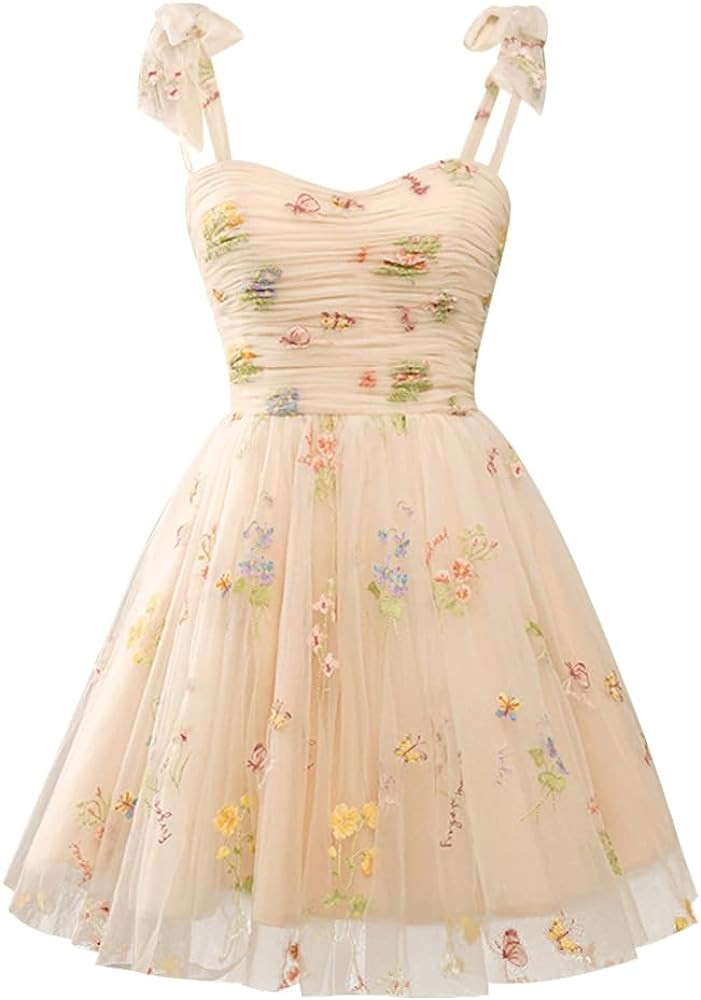 Women's Tie Strap Tulle Prom Dresses Sweetheart Flower Embroidery Dress Short Formal Party Mini H... | Amazon (US)