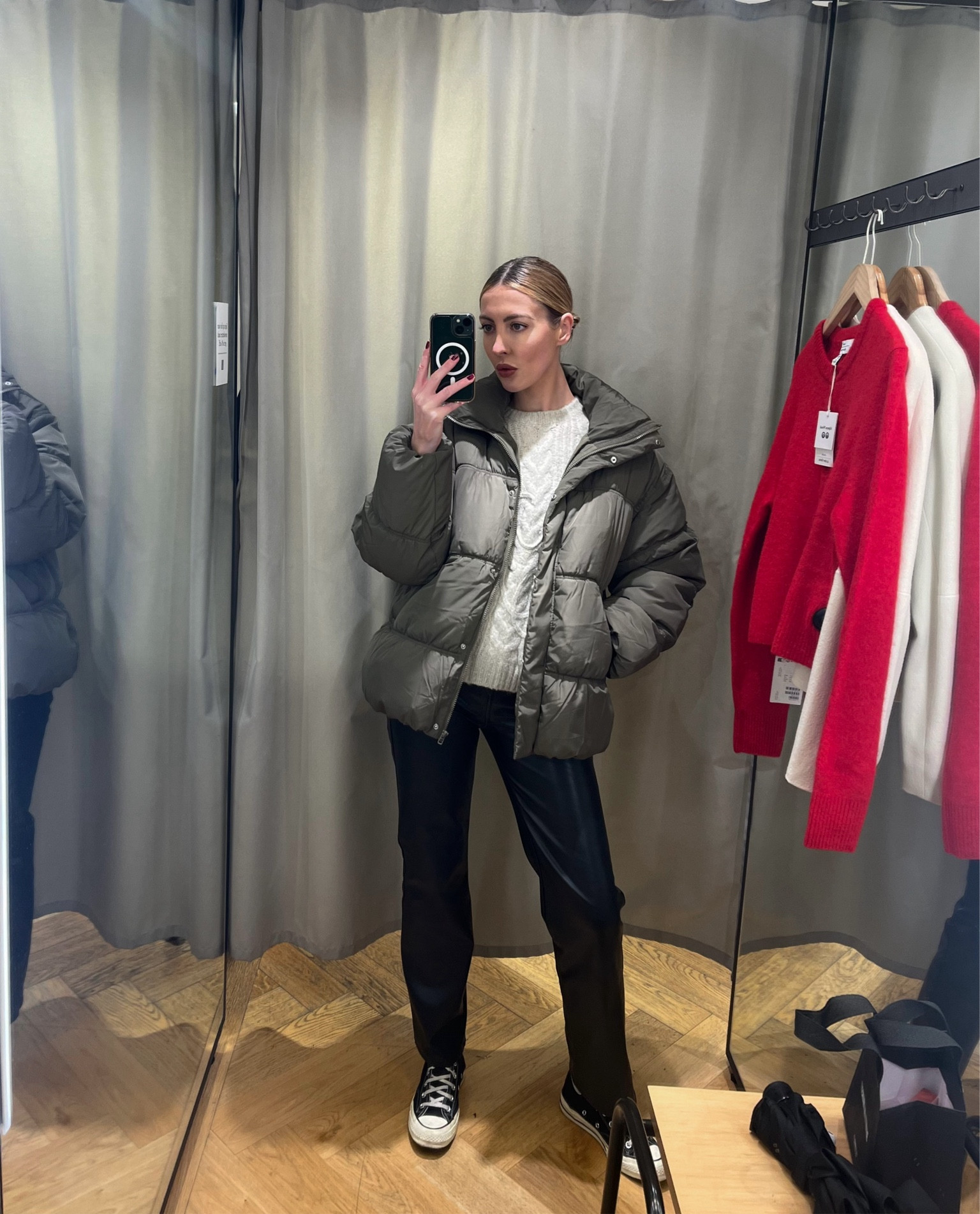 Wearing a size small in this H&M khaki puffer jacket. A size small in the knit and alternative faux leather trousers have been linked 

#LTKuk #LTKstyletip #LTKwinter