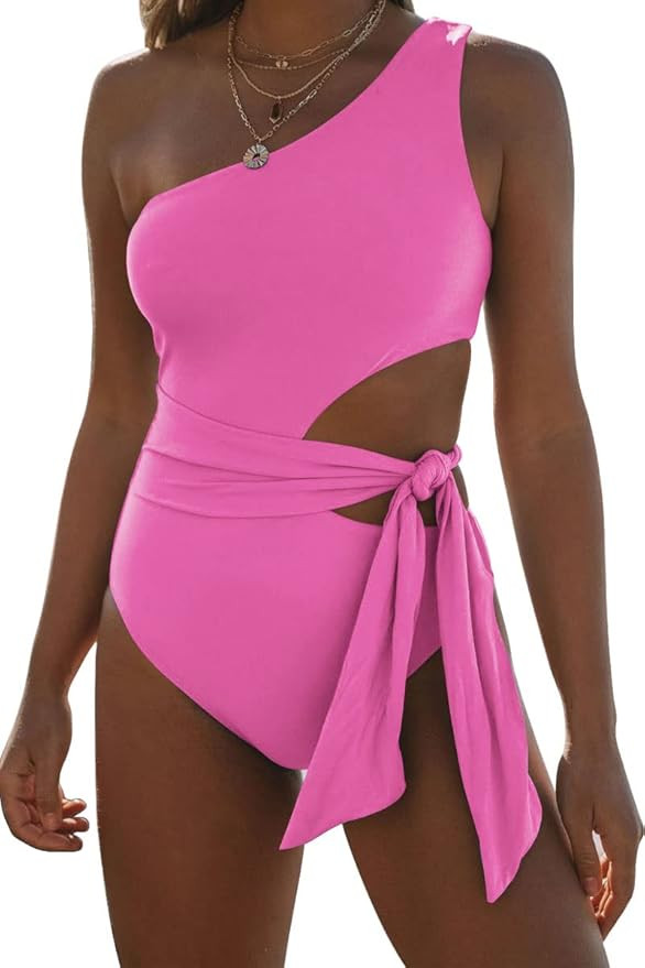LILLUSORY Women One Shoulder Tummy Control Swimsuits Tie Side One Piece Monokinis Cut Out Sexy Ba... | Amazon (US)