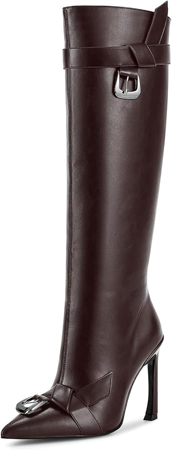 ISNOM Knee High Boots Women Tall Boots Pointed Toe Stiletto High Heel Metal Buckle Side Zipper Wi... | Amazon (US)