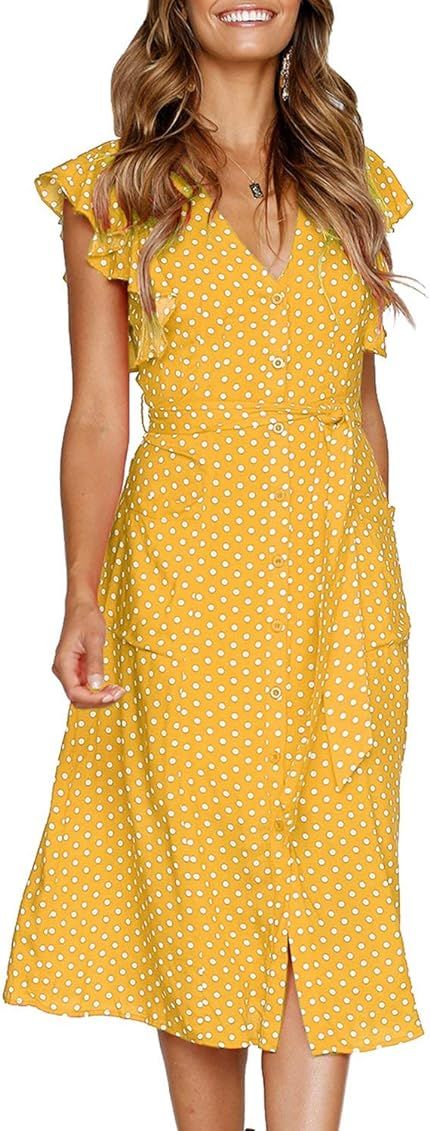 MITILLY Women's Summer Boho Polka Dot Sleeveless V Neck Swing Midi Dress with Pockets | Amazon (US)