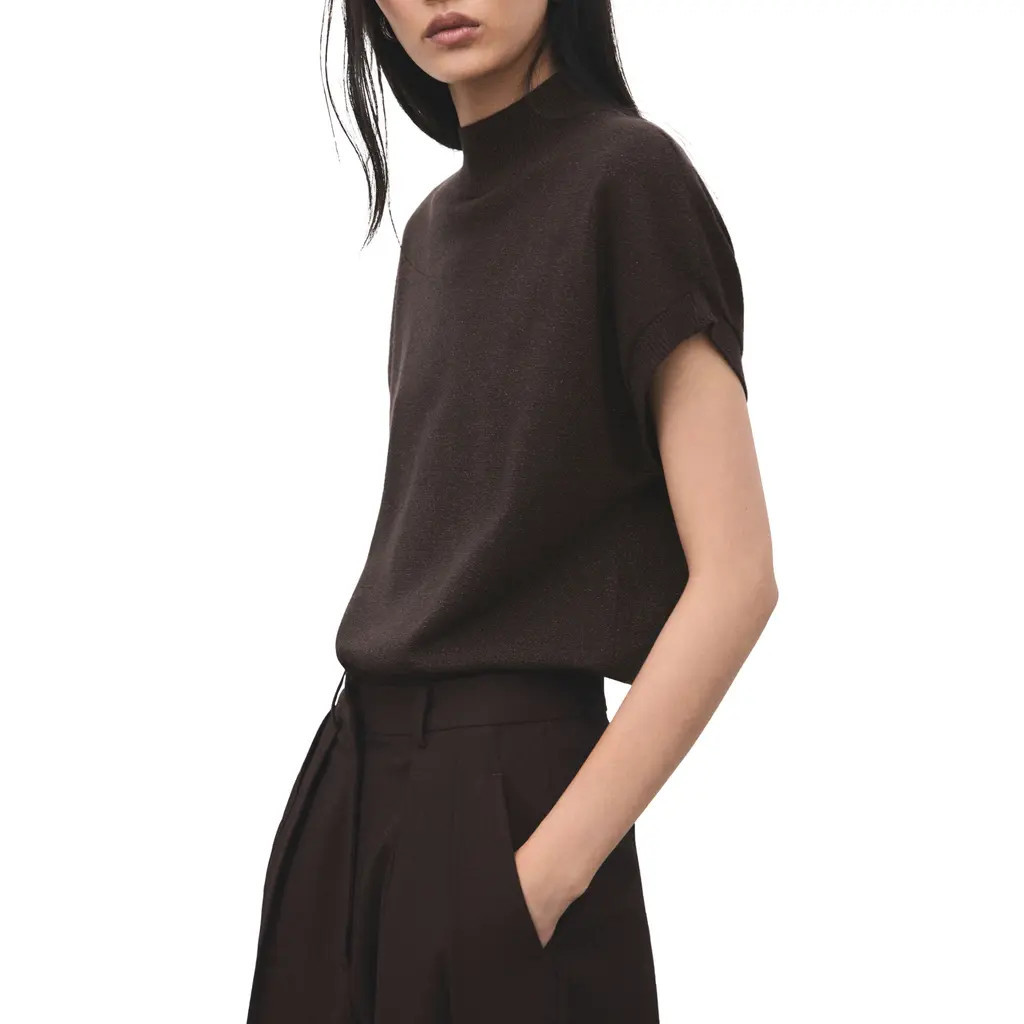 MANGO Metallic Mock Neck Short Sleeve Sweater in Chocolate at Nordstrom, Size Small | Nordstrom