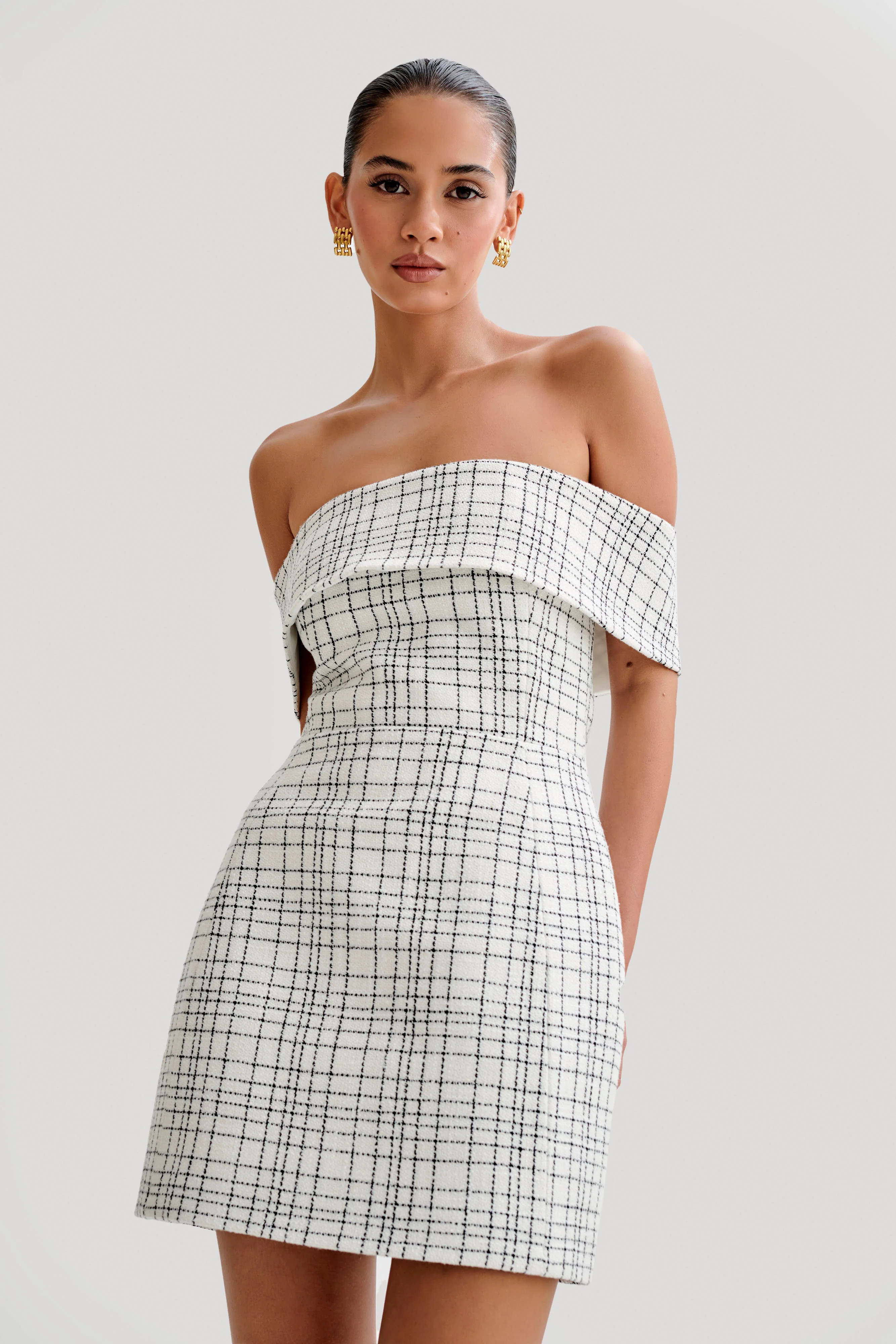 Tweed Off Shoulder Mini Dress - White Check | MESHKI US