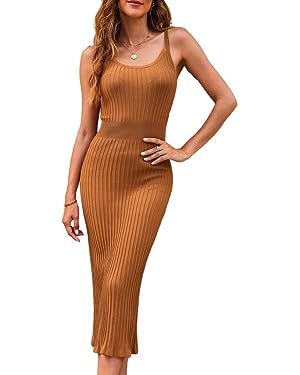 Dokotoo Womens Summer Midi Dress Spaghetti Straps Sleeveless Slim Fit Bodycon Ribbed Sweater Dres... | Amazon (US)