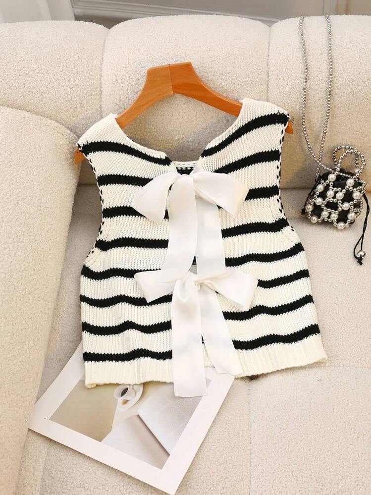 Elamini Casual Striped Bowknot Knitted Vest | SHEIN
