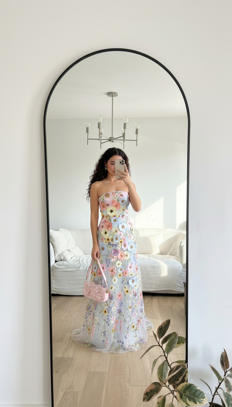 Romantic pastel floral strapless maxi dress 🌸 styled with a pink floral shoulder bag for the perfect spring wedding guest outfit 💐. This embroidered floral maxi is ideal for garden weddings, bridal showers, outdoor ceremonies, and spring formal events. 

 #LTKootd #LTKWedding