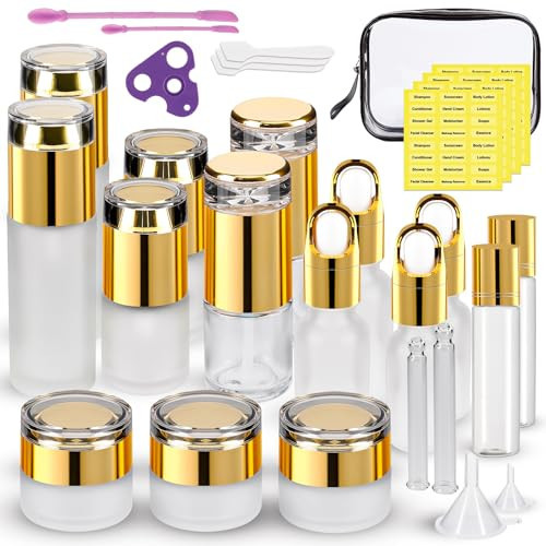 30 Pack TSA Approved Glass Travel Skincare Containers, 1.3/1/0.7/0.3oz Refillable Traveling Size Containers with Pump, Jars & Essential Oil Bottle in Clear Zip Bag, Leak-Proof for Creams & Liquids | Amazon (US)