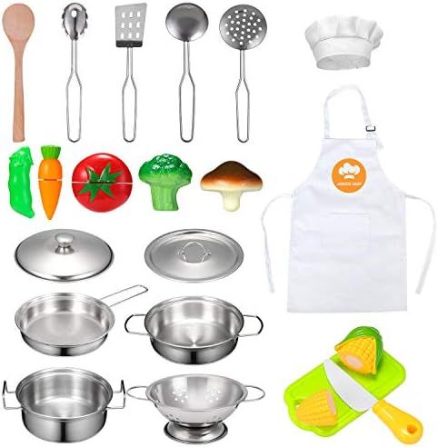 Kitchen Pretend Play Toys with Stainless Steel Cookware Pots and Pans Set, Cooking Utensils, Apro... | Amazon (US)