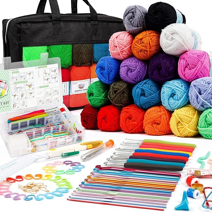 20 Large Acrylic Yarn Skeins-105 PCS Crochet Kit with Hooks Yarn Set, Premium Bundle Includes 200... | Amazon (US)