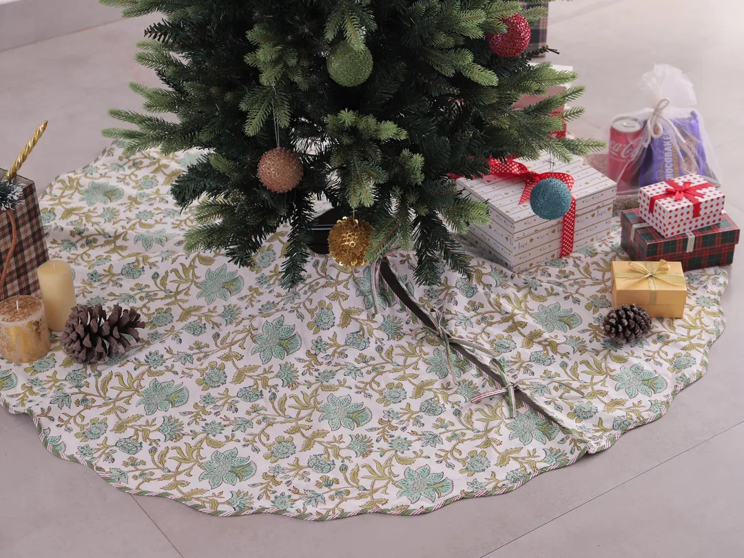 Green Floral Hand Block Printed Christmas Tree Skirt, Holiday Christmas Tree Collar, Christmas Tr... | Etsy (US)