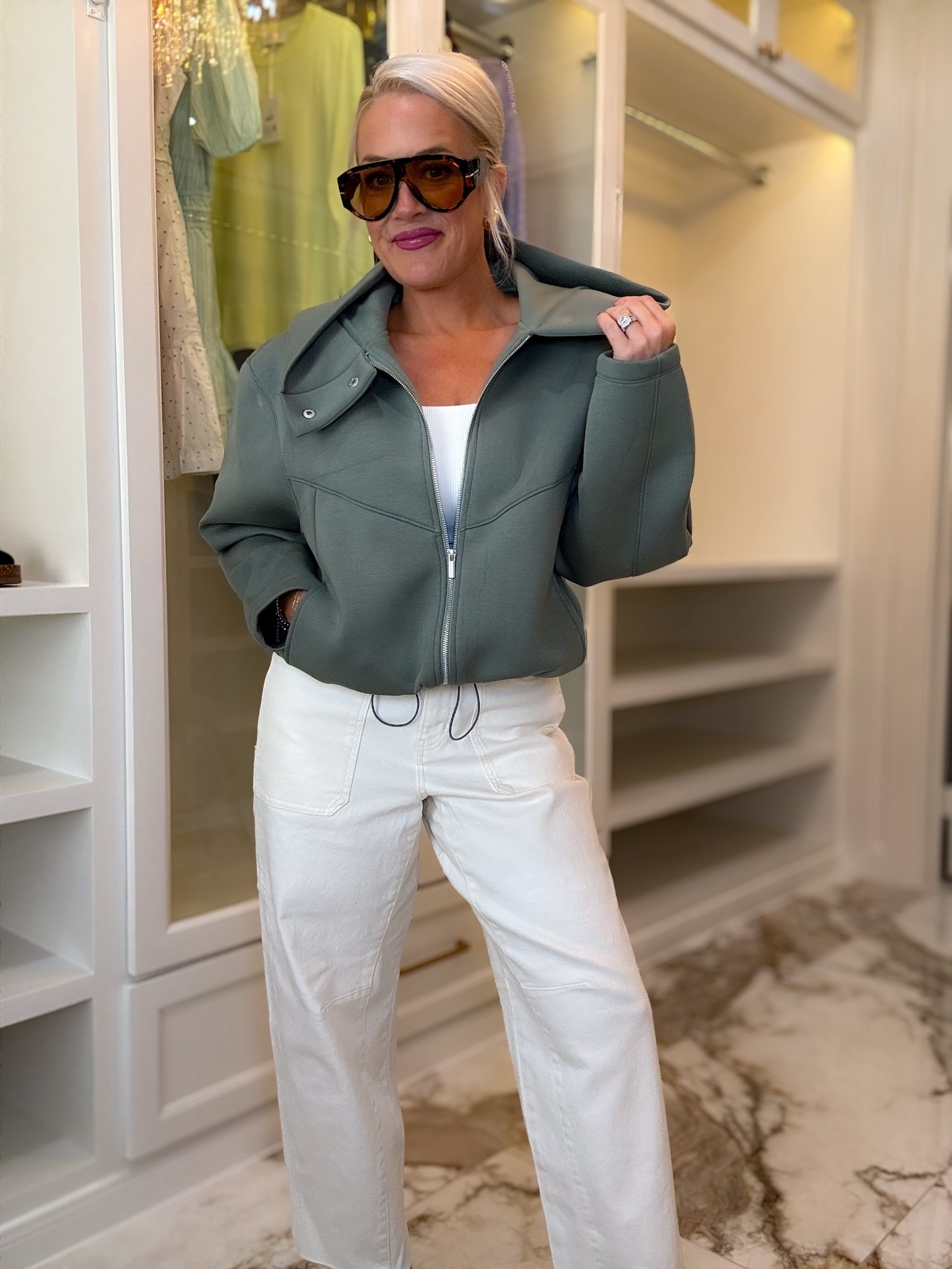 This jacket is a whole vibe and still available! Wearing size small , white denim size 6