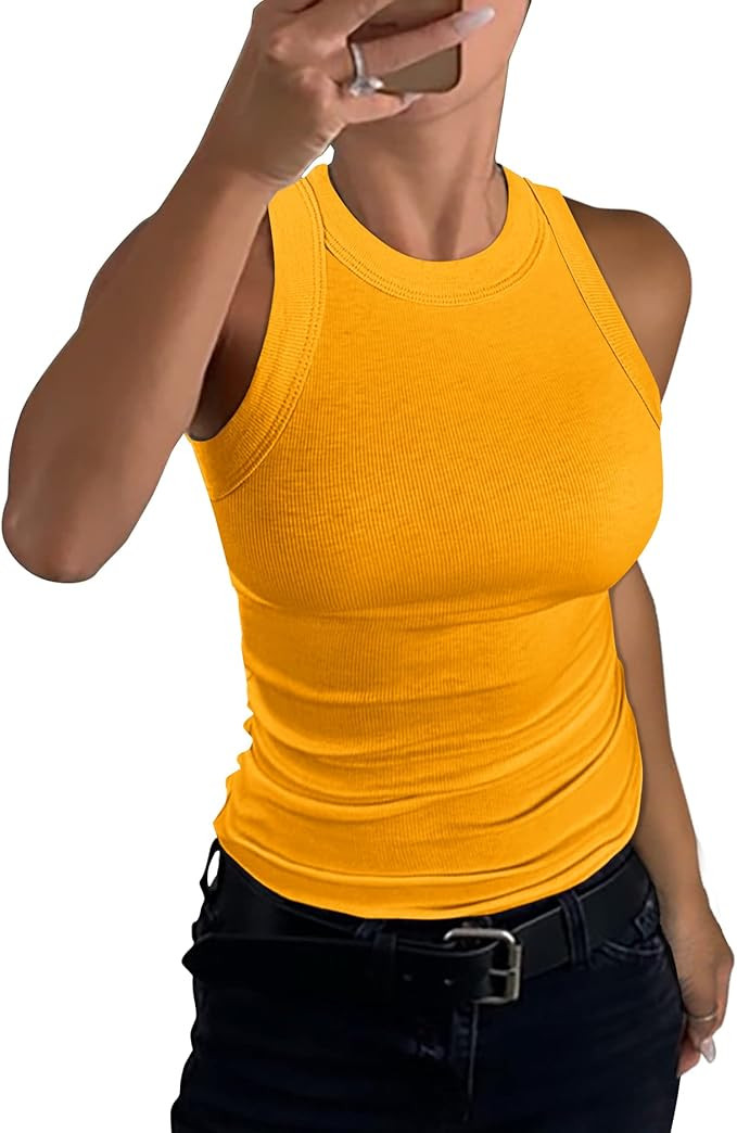 GEMBERA Womens Sleeveless Racerback High Neck Casual Basic Cotton Ribbed Fitted Tank Top | Amazon (US)