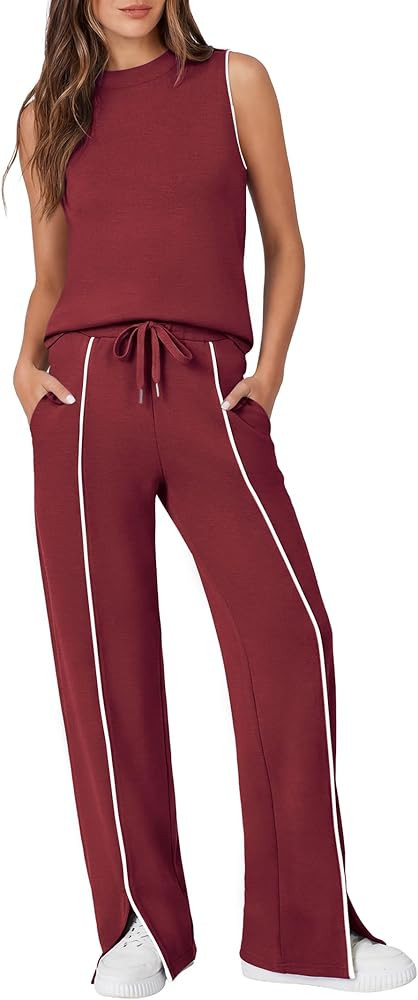 Casly Lamiit Two Piece Set for Women Summer Outfits Mock Neck Sleeveless Tank Top Wide Leg Pants ... | Amazon (US)