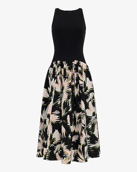 Floral Print Mixed Media Crew Neck Drop Waist Maxi Dress With Pockets | Express