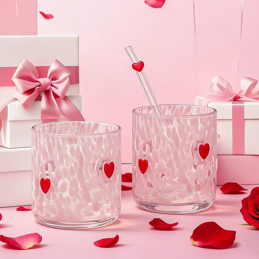Whaline 2Pcs Valentine's Day Icon Juice Glass with Straw Wine Glasses Pink Red Heart Stemless Coc... | Amazon (US)