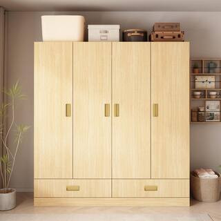 Natural Wood 63 in. Armoire with Hanging Rod, 6 Shelves, 2 Large Bottom Drawers, Metal Handles | The Home Depot