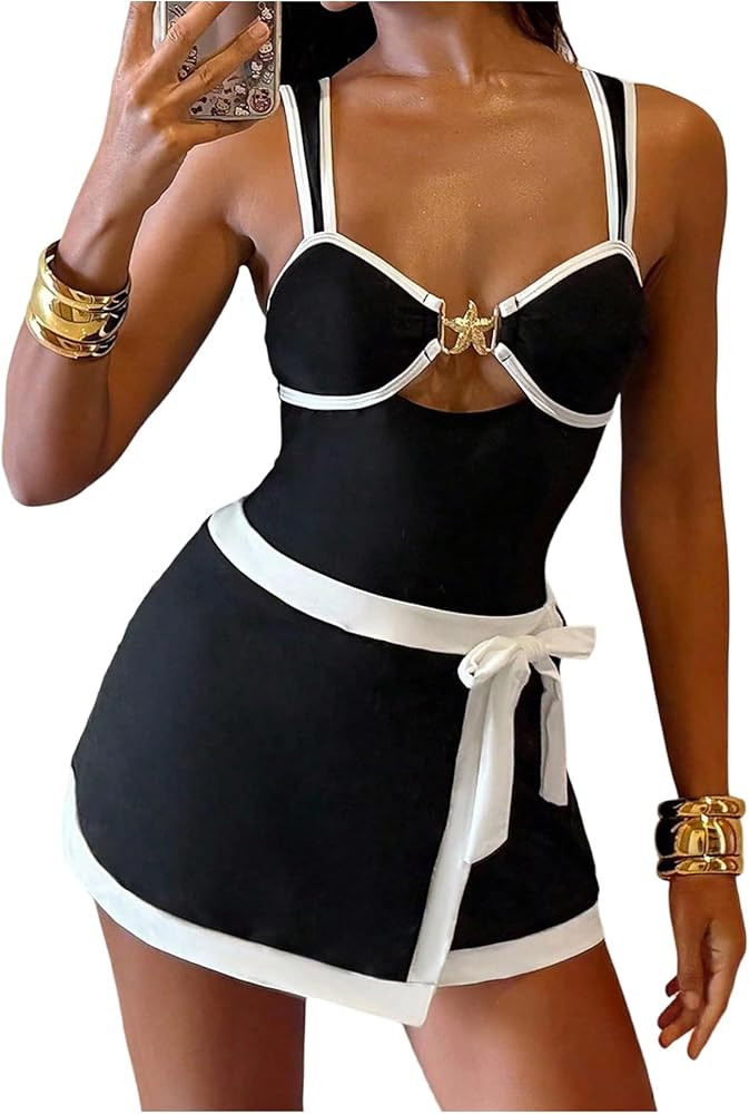 Verdusa Women's 2 Piece Contrast Trim Starfish Cut Out One Piece Swimsuit with Beach Cover Up Ski... | Amazon (US)