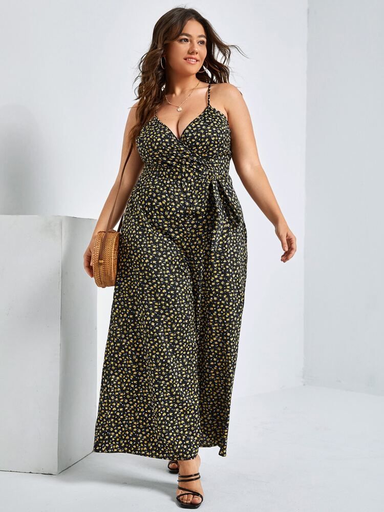 SHEIN Plus Ditsy Floral Crisscross Back Wide Leg Belted Cami Jumpsuit | SHEIN