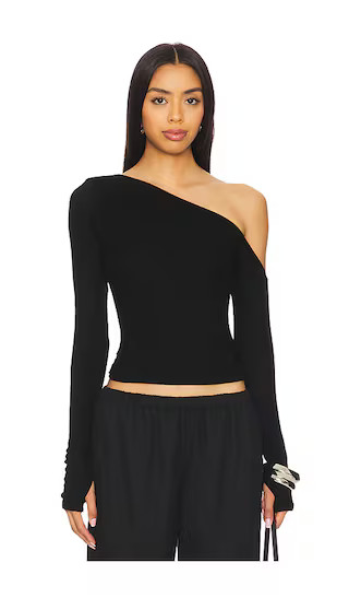 Magdaleno Long Sleeve Asymmetrical Fitted Cold Shoulder Top in Black | Revolve Clothing (Global)