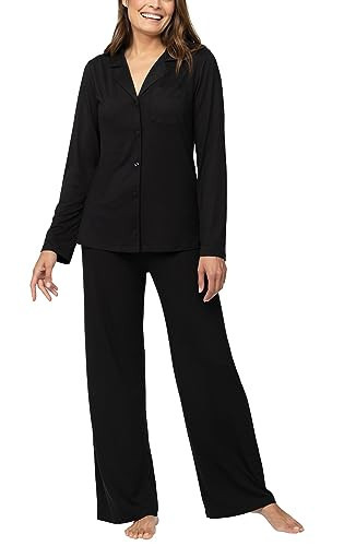 PajamaGram Naturally Nude Boyfriend Button Front Womens Pajama Sets - Sexy Pajama Set for Women - 2 Piece Sleepwear for Women Pajamas Set - Pijamas de mujer, Black, MD | Amazon (US)